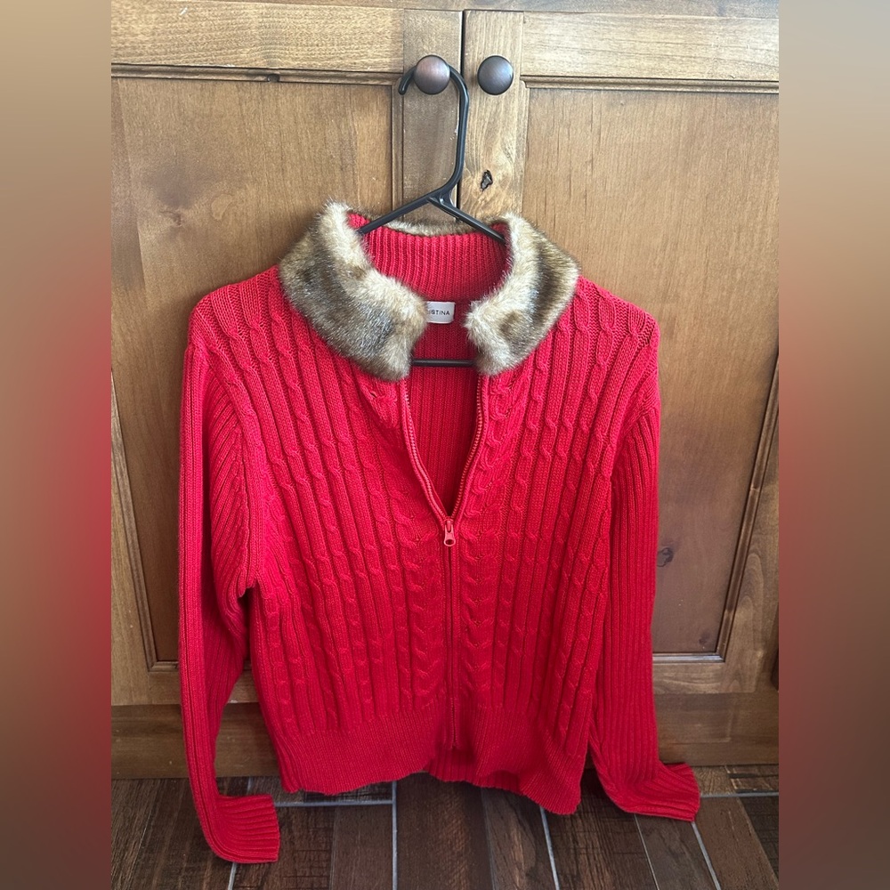 Red sweater jacket with collar